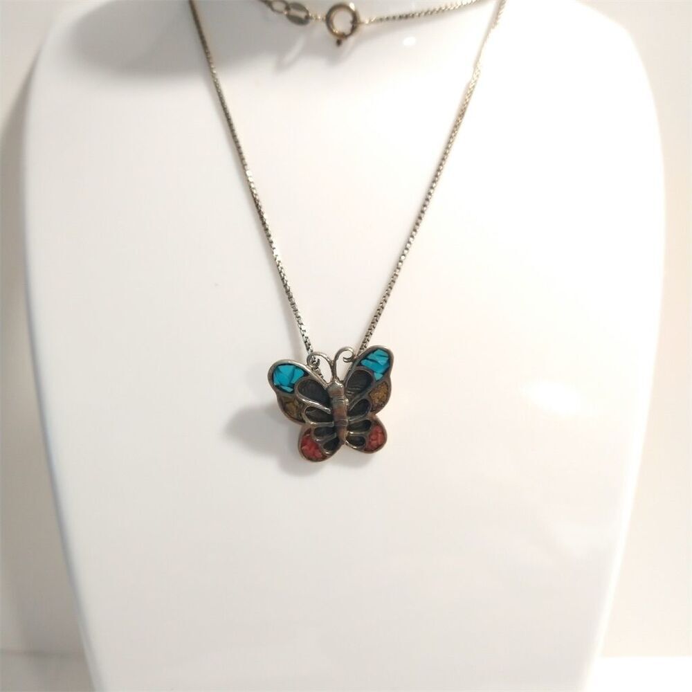 925 Sterling Silver Turquoise Coral Butterfly Pendant Necklace Navajo Italy Vtg
